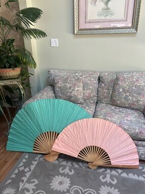 Large Folding Fan - Peach Fabric with Wood Frame 37”x19” Decorative Display